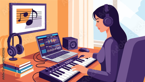Flat vector illustration of a young woman composing music on a laptop with keyboard controller, modern music production hobby in a home workspace scene