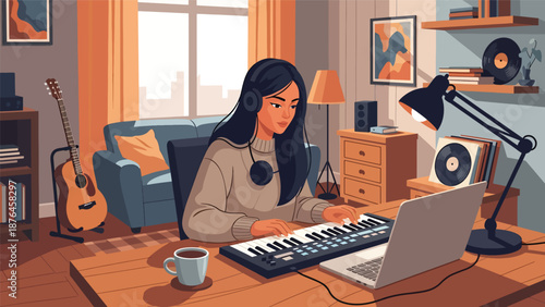 Flat vector illustration of a young woman composing music on a laptop with keyboard controller, modern music production hobby in a home workspace scene