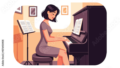 Vector illustration of a young woman practicing piano in a small room, focused music hobby and creative lifestyle concept in solid color flat design