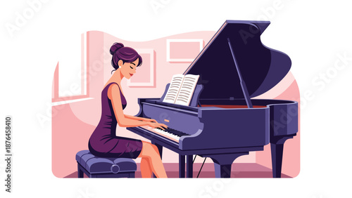 Vector illustration of a young woman practicing piano in a small room, focused music hobby and creative lifestyle concept in solid color flat design