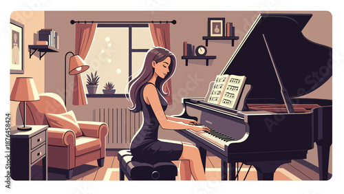 Vector illustration of a young woman practicing piano in a small room, focused music hobby and creative lifestyle concept in solid color flat design