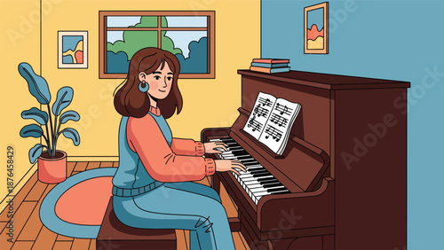 Vector illustration of a young woman practicing piano in a small room, focused music hobby and creative lifestyle concept in solid color flat design