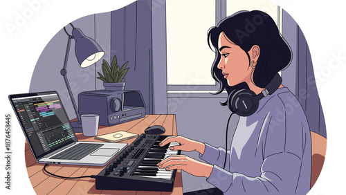 Flat vector illustration of a young woman composing music on a laptop with keyboard controller, modern music production hobby in a home workspace scene