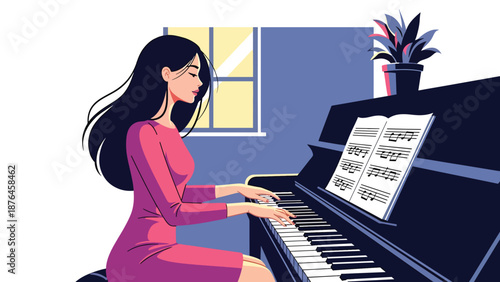 Vector illustration of a young woman practicing piano in a small room, focused music hobby and creative lifestyle concept in solid color flat design
