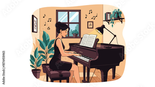 Vector illustration of a young woman practicing piano in a small room, focused music hobby and creative lifestyle concept in solid color flat design