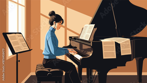 Vector illustration of a young woman practicing piano in a small room, focused music hobby and creative lifestyle concept in solid color flat design