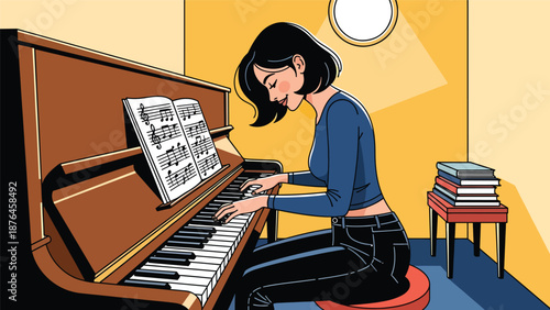 Vector illustration of a young woman practicing piano in a small room, focused music hobby and creative lifestyle concept in solid color flat design