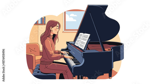 Vector illustration of a young woman practicing piano in a small room, focused music hobby and creative lifestyle concept in solid color flat design