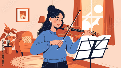 Vector illustration of a young woman practicing violin in a quiet room, elegant music hobby and creative lifestyle scene in clean flat vector style