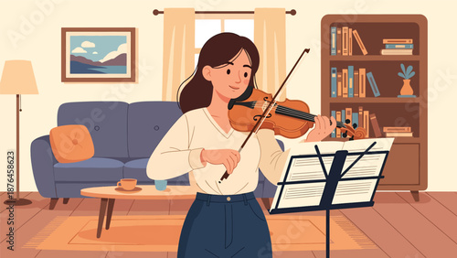 Vector illustration of a young woman practicing violin in a quiet room, elegant music hobby and creative lifestyle scene in clean flat vector style