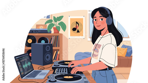 Vector illustration of a young woman DJ mixing music at home with generic equipment, modern music hobby and creative lifestyle concept