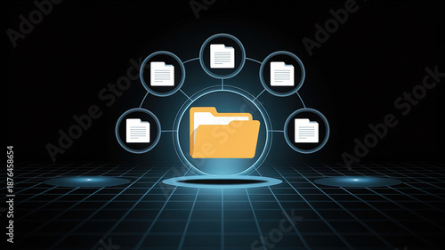 Digital Ecosystem: An illustration depicting a central folder connected to multiple documents, symbolizing the interconnectedness and flow of data within a digital network.
