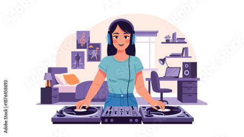 Vector illustration of a young woman DJ mixing music at home with generic equipment, modern music hobby and creative lifestyle concept