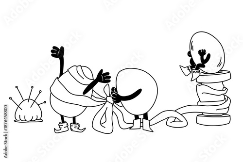 Eggs in boots decorate each other with ribbons and bows pincushion fitting sewing spring update