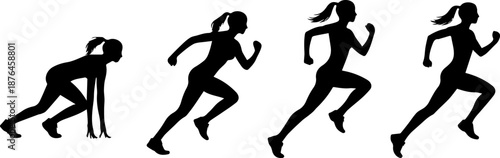 silhouette running woman, female jogging postures black shapes on white background
