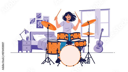 Flat vector illustration of a young woman playing drums in a practice room, energetic music hobby and creative lifestyle in solid color design