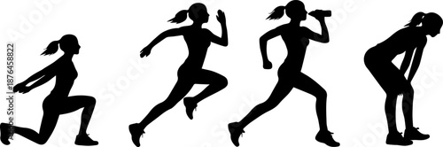 silhouette woman running, female jogging postures black shapes on white background