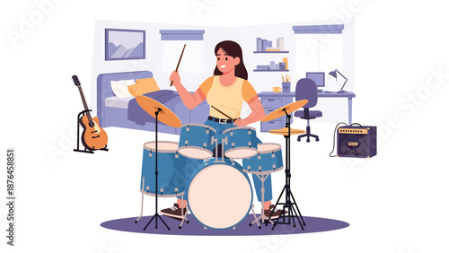 Flat vector illustration of a young woman playing drums in a practice room, energetic music hobby and creative lifestyle in solid color design