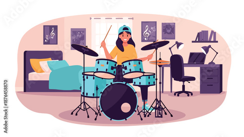 Flat vector illustration of a young woman playing drums in a practice room, energetic music hobby and creative lifestyle in solid color design