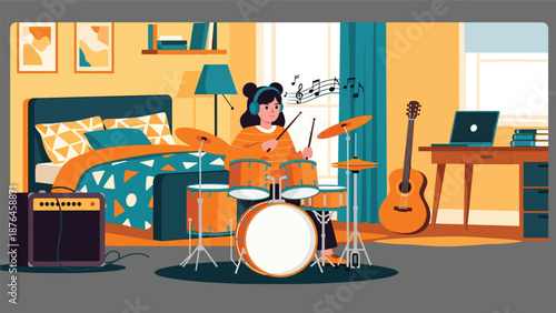 Flat vector illustration of a young woman playing drums in a practice room, energetic music hobby and creative lifestyle in solid color design