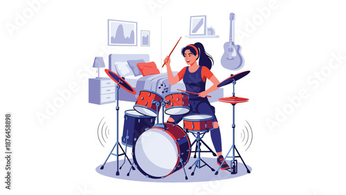 Flat vector illustration of a young woman playing drums in a practice room, energetic music hobby and creative lifestyle in solid color design