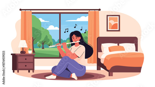 Flat vector illustration of a young woman practicing flute near a window, peaceful music hobby and artistic lifestyle concept in solid colors