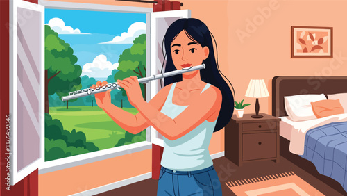 Flat vector illustration of a young woman practicing flute near a window, peaceful music hobby and artistic lifestyle concept in solid colors