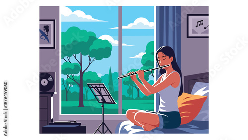 Flat vector illustration of a young woman practicing flute near a window, peaceful music hobby and artistic lifestyle concept in solid colors