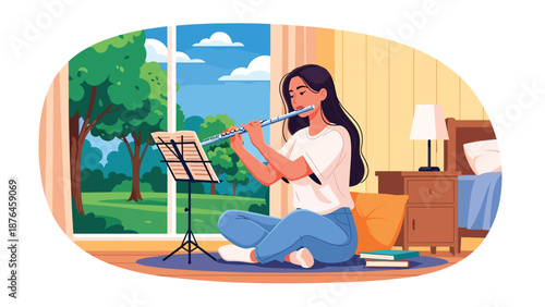 Flat vector illustration of a young woman practicing flute near a window, peaceful music hobby and artistic lifestyle concept in solid colors