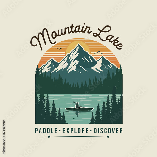 Retro graphic of a calm mountain lake at sunset, with a solo kayaker amidst majestic peaks and pine forests