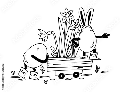 Egg in boots pushing Easter cart with daffodils egg in bunny ears spring outline characters