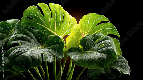 Lush Green Leaves of Philodendron Plant Against Black Background.