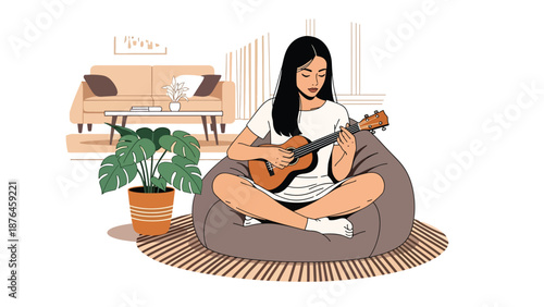 Vector illustration of a young woman playing ukulele in a cozy living room, relaxed music hobby and creative lifestyle scene in flat vector style