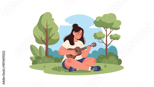 Flat vector illustration of a young woman playing ukulele outdoors in a park, nature and music hobby lifestyle concept in solid colors