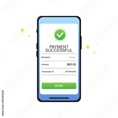 Mobile Payment Successful Screen with Transaction Details Flat Illustration .Vector illustration