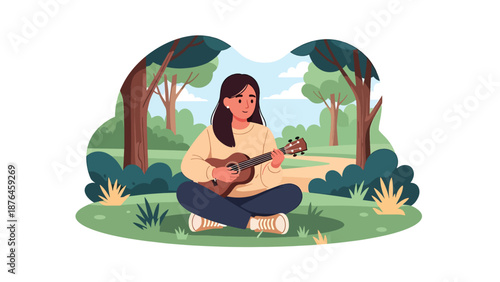 Flat vector illustration of a young woman playing ukulele outdoors in a park, nature and music hobby lifestyle concept in solid colors