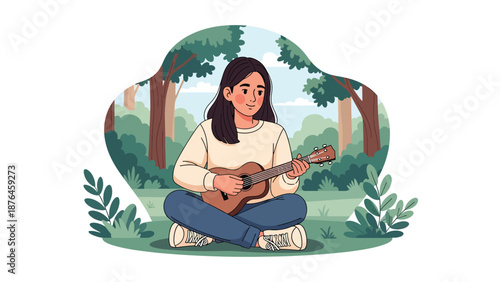 Flat vector illustration of a young woman playing ukulele outdoors in a park, nature and music hobby lifestyle concept in solid colors
