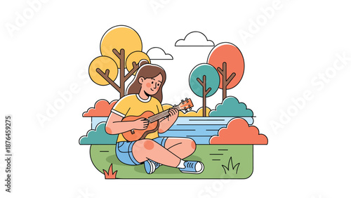 Flat vector illustration of a young woman playing ukulele outdoors in a park, nature and music hobby lifestyle concept in solid colors