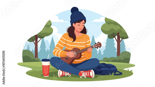 Flat vector illustration of a young woman playing ukulele outdoors in a park, nature and music hobby lifestyle concept in solid colors