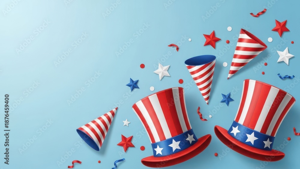 Obraz premium Vibrant patriotic party hats and confetti on light blue background celebrating independence