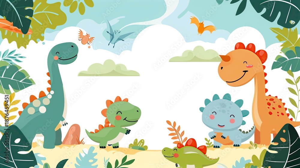 Obraz premium Adorable illustration of smiling dinosaurs in a colorful prehistoric jungle with plants, trees, and flying pterosaurs, perfect for kids’ designs or posters.