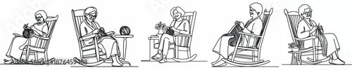line art of a grandmother sitting knitting