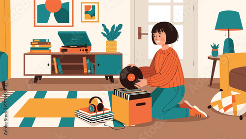 Vector illustration of a young woman organizing vinyl records and music accessories at home, music collection hobby lifestyle concept