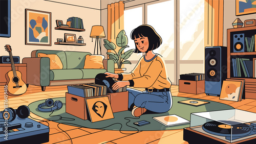 Vector illustration of a young woman organizing vinyl records and music accessories at home, music collection hobby lifestyle concept