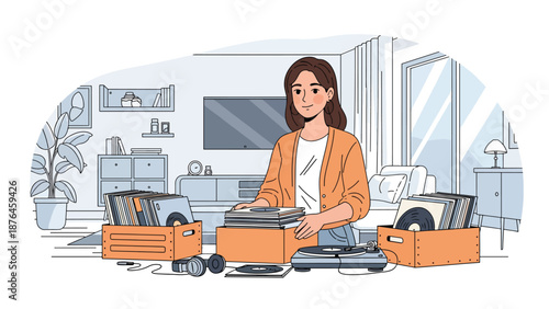 Vector illustration of a young woman organizing vinyl records and music accessories at home, music collection hobby lifestyle concept