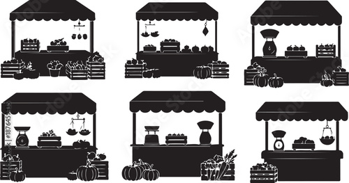 Six black market stalls with various goods on display