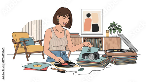 Vector illustration of a young woman organizing vinyl records and music accessories at home, music collection hobby lifestyle concept
