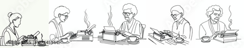 line art of a grandmother with an old-fashioned typewriter