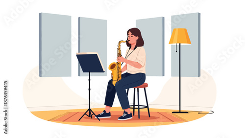 Flat vector illustration of a young woman practicing saxophone in a rehearsal room, focused music hobby and creative lifestyle concept