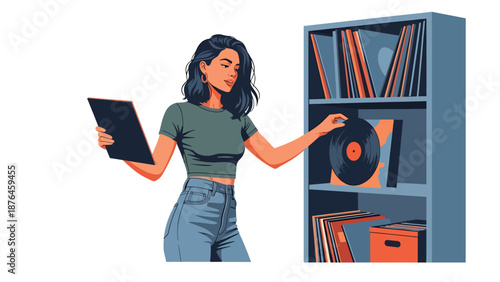 Vector illustration of a young woman organizing vinyl records and music accessories at home, music collection hobby lifestyle concept